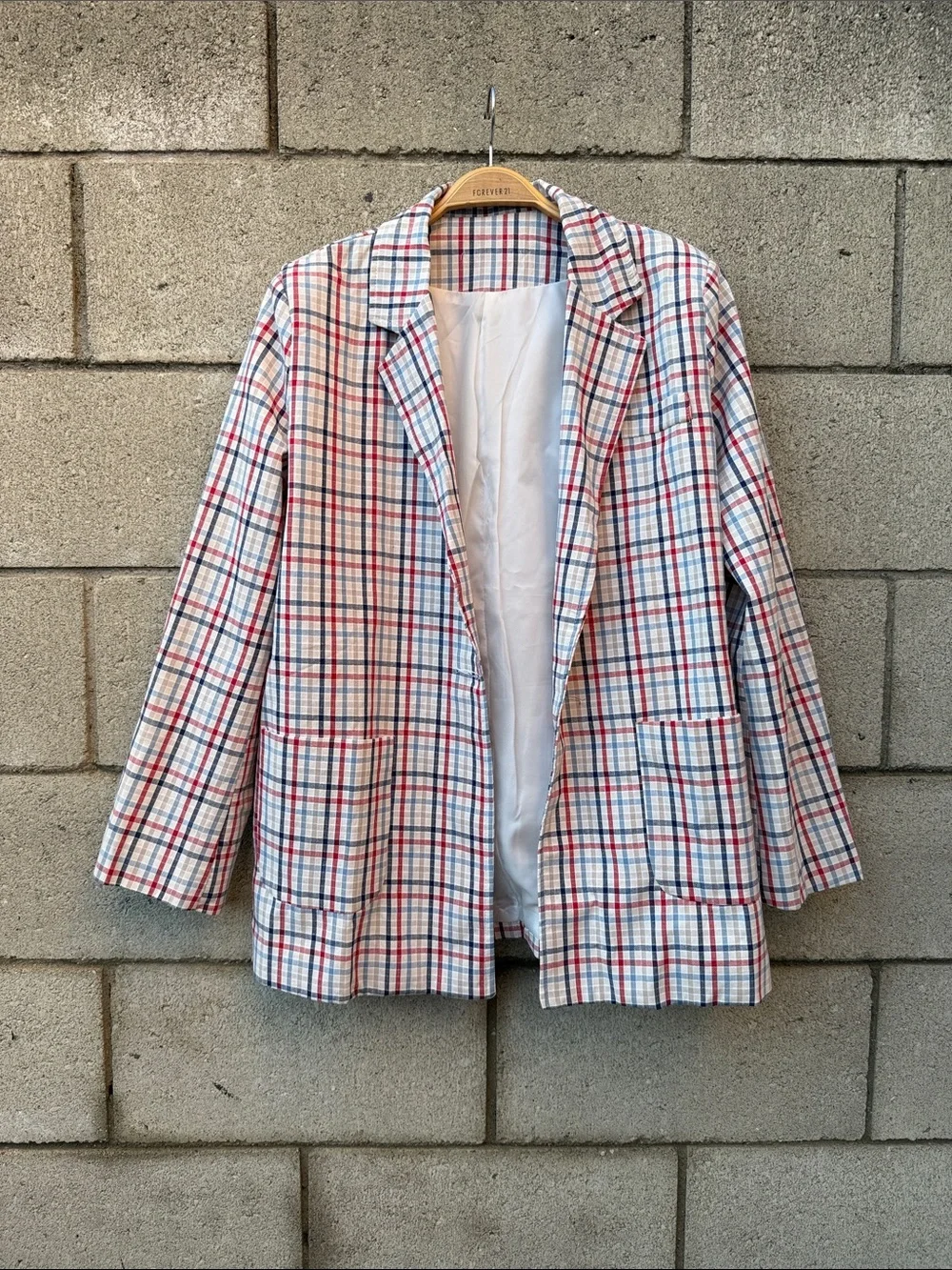 Plaid Open-Front Blazer Jacket - Red & Blue. Retro.